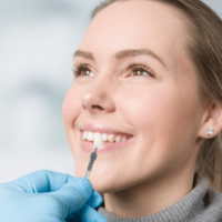 Woman at dentist getting porcelain veneers